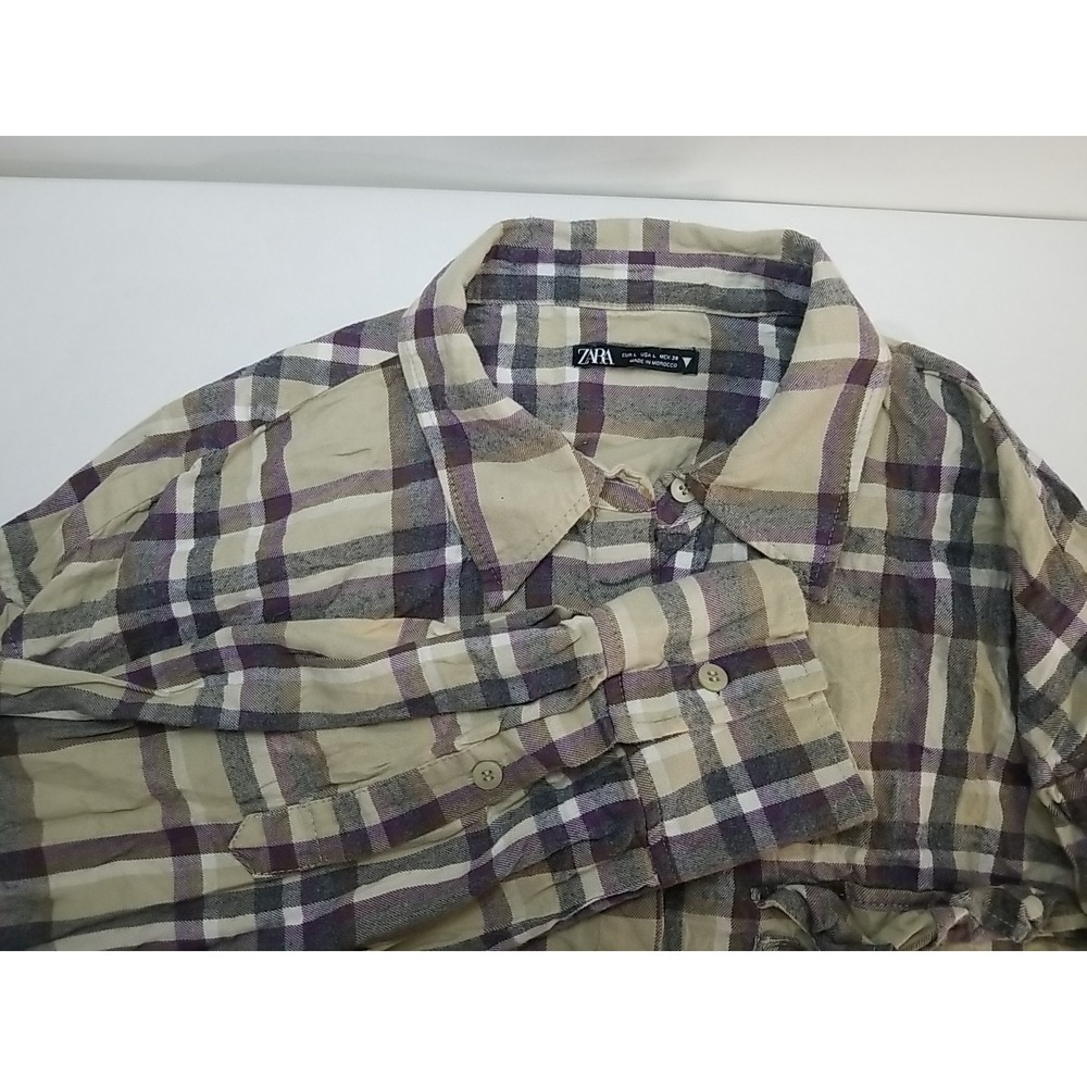 Zara Womens Large Plaid Flannel Button Up Shirt Cargo Pockets Raw Hem Tan Purple